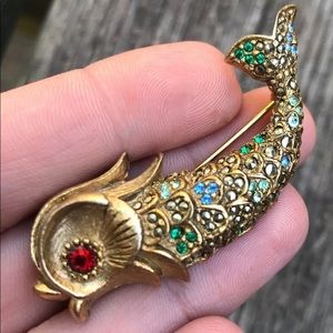 SIGNED Les Bernard Dolphin Fish figural rhinestone BROOCH